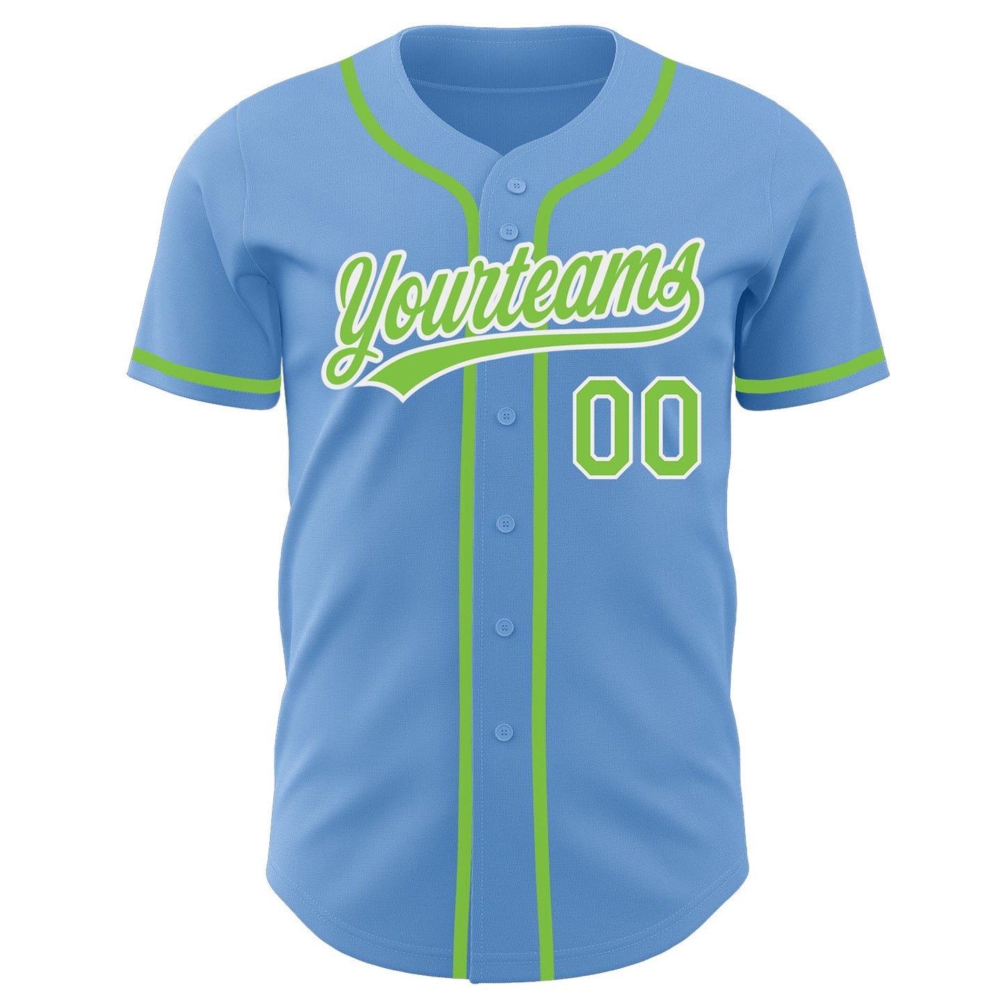 Custom Light Blue Neon Green-White Authentic Baseball Jersey view 2