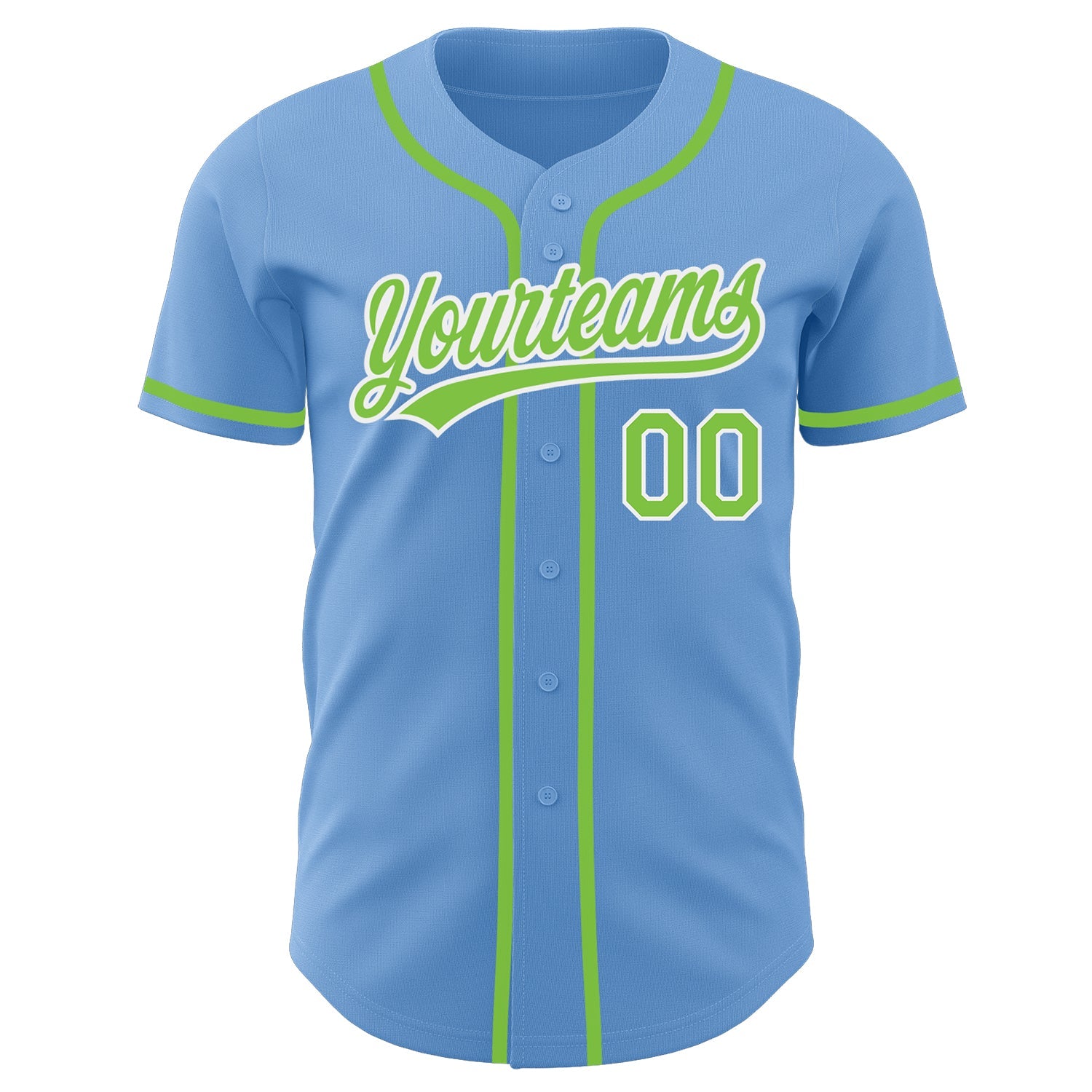 Custom Light Blue Neon Green-White Authentic Baseball Jersey view 2