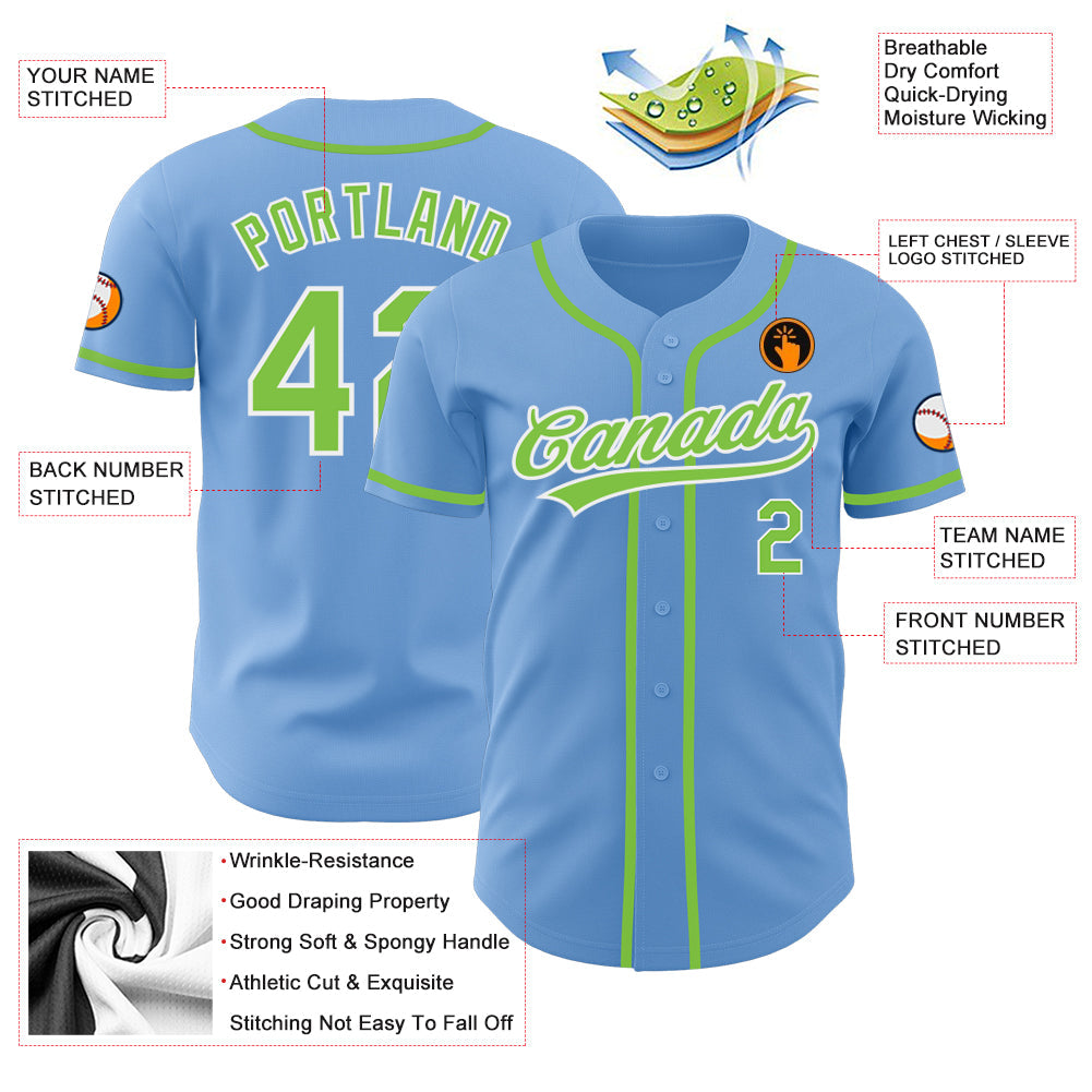 Custom Light Blue Neon Green-White Authentic Baseball Jersey view 3