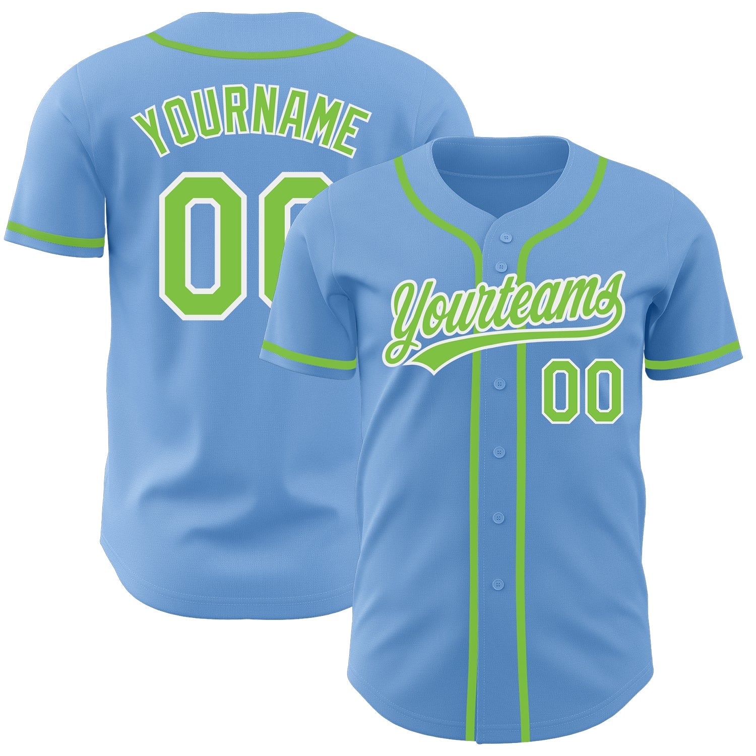 Custom Light Blue Neon Green-White Authentic Baseball Jersey - Main View