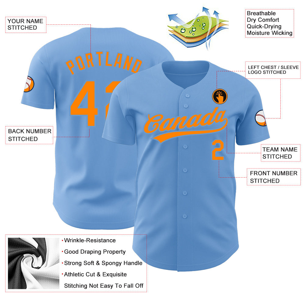 Custom Light Blue Bay Orange Authentic Baseball Jersey view 3