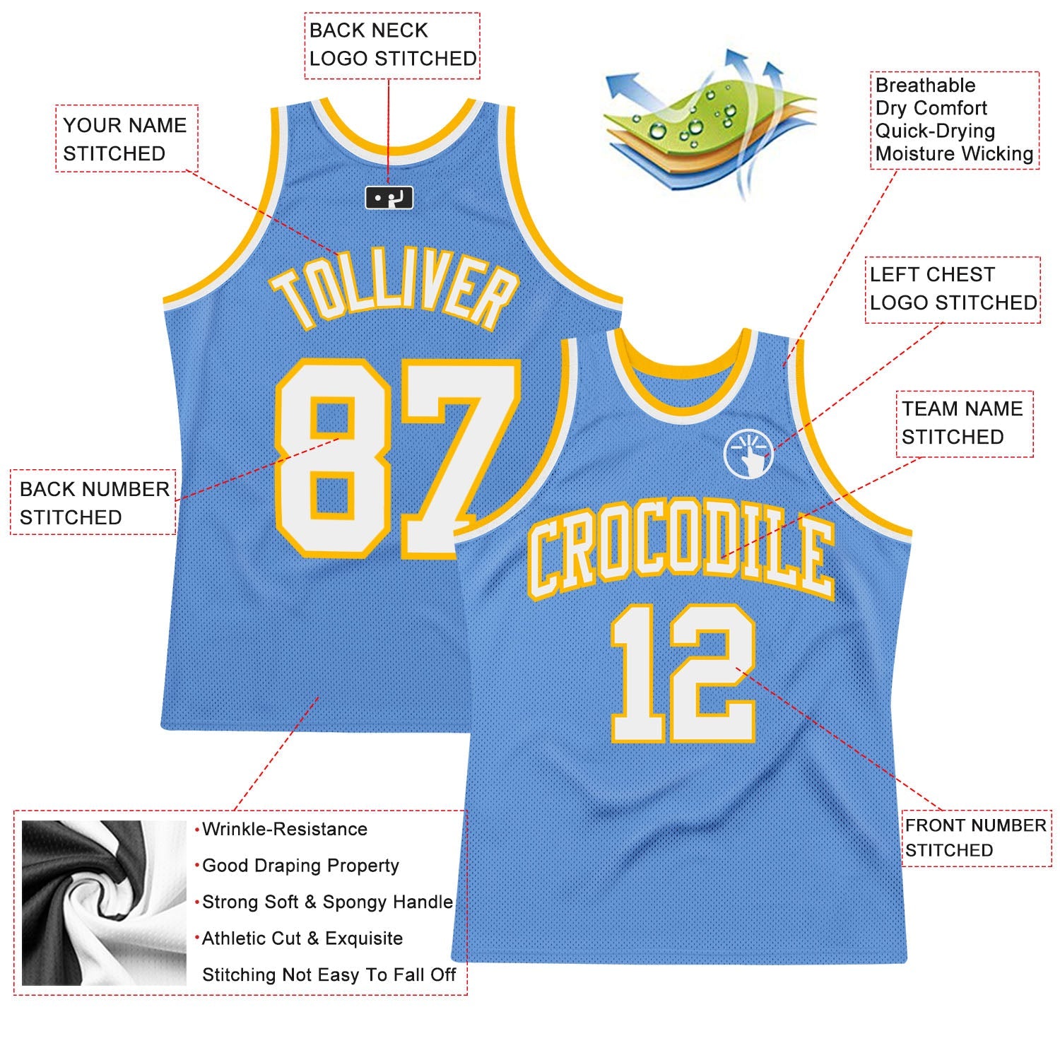 Custom Light Blue White-Gold Authentic Throwback Basketball Jersey view 2