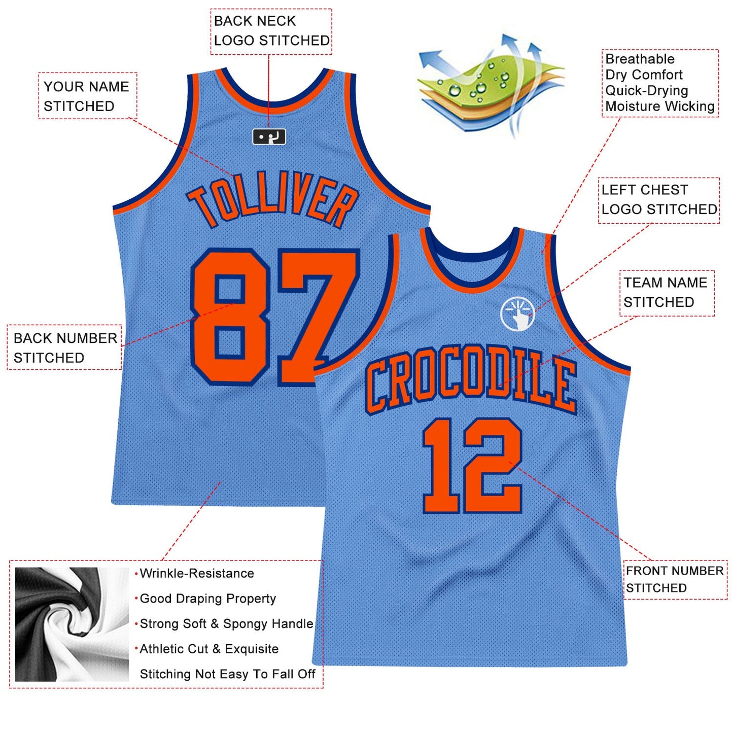 Custom Light Blue Orange-Royal Authentic Throwback Basketball Jersey view 2