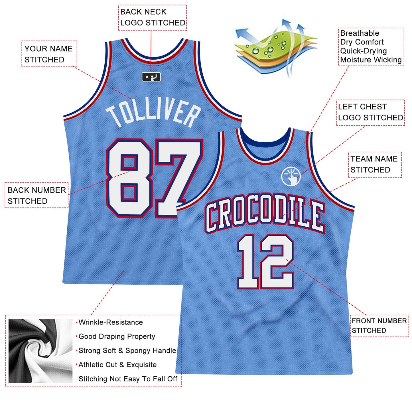 Custom Light Blue White Royal-Red Authentic Throwback Basketball Jersey view 2