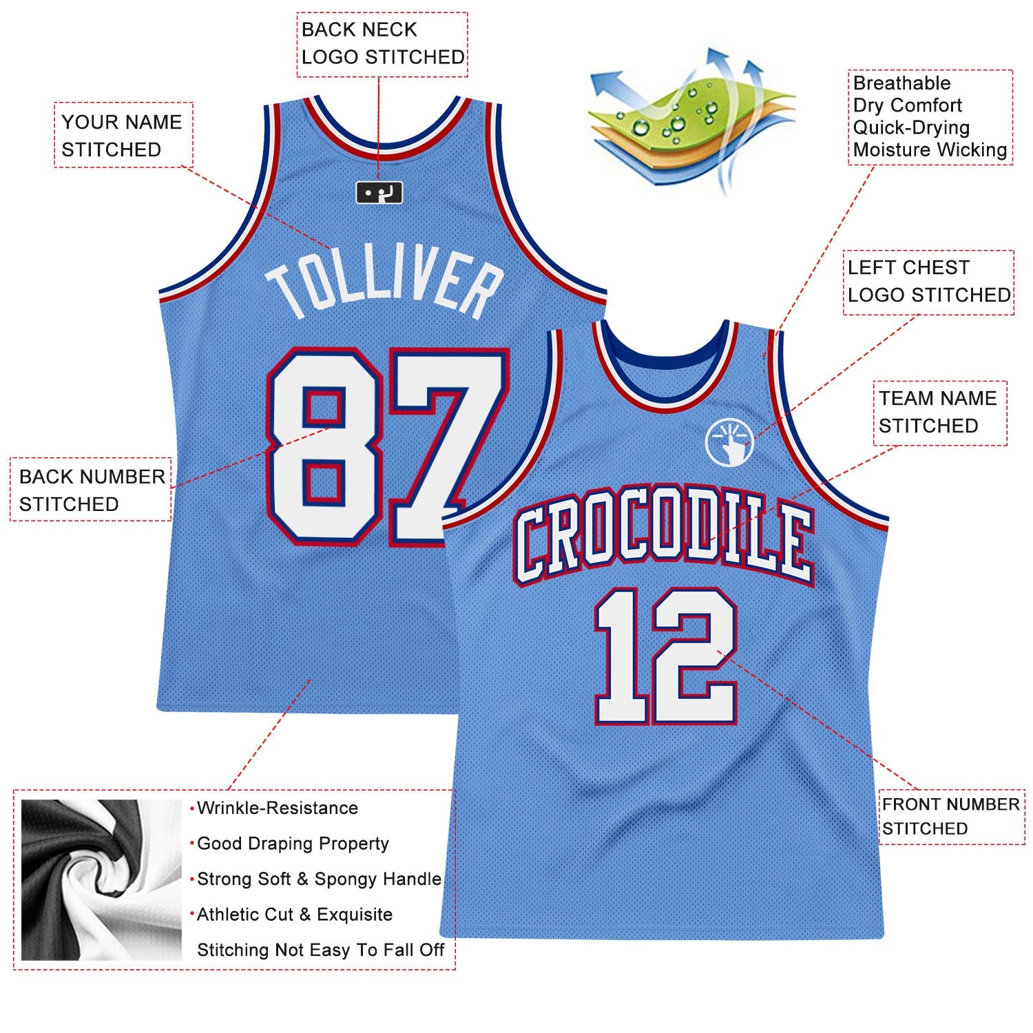 Custom Light Blue White Royal-Red Authentic Throwback Basketball Jersey view 2