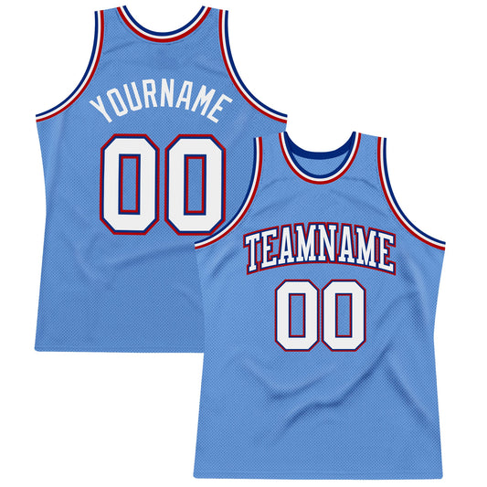 Custom Light Blue White Royal-Red Authentic Throwback Basketball Jersey - Main View