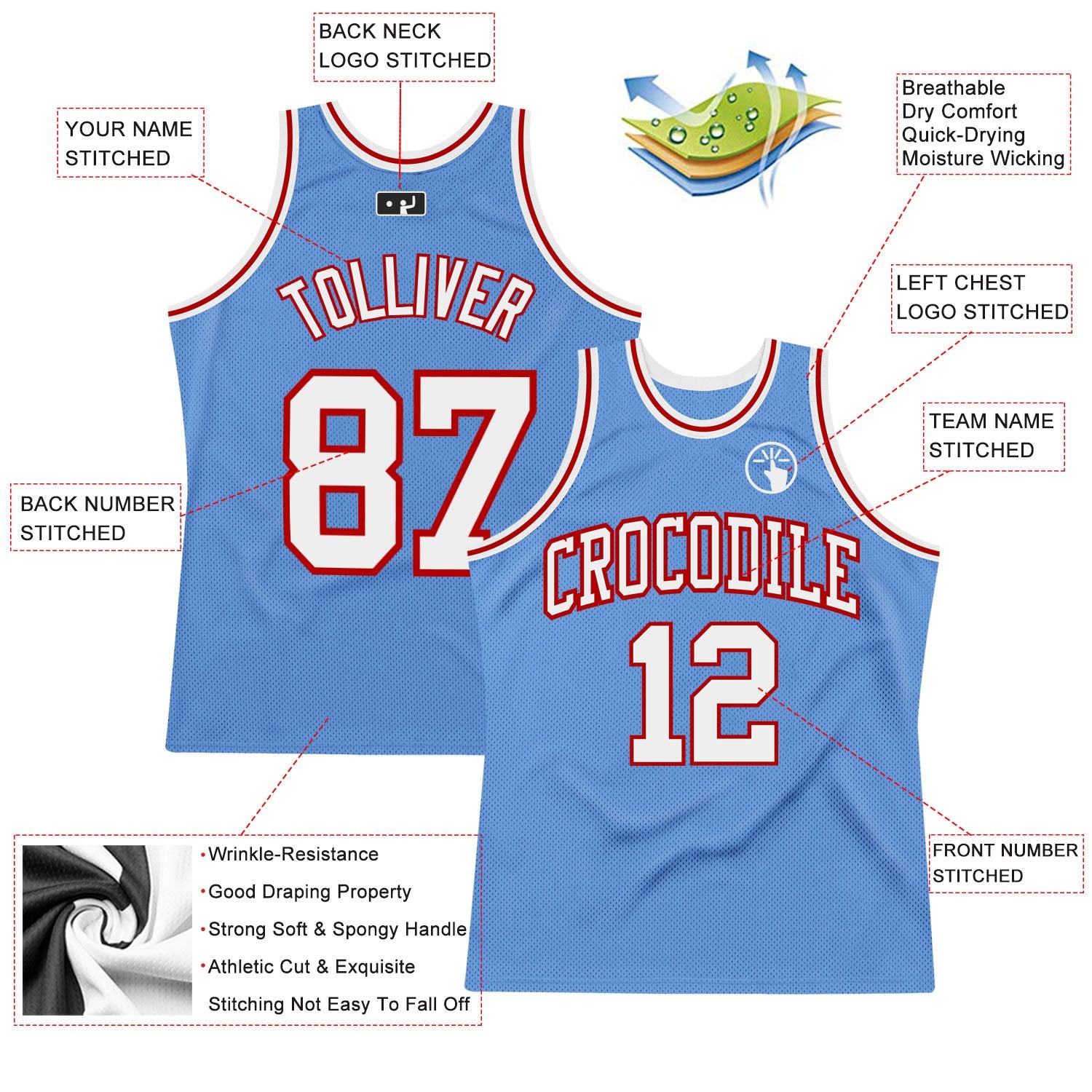 Custom Light Blue White-Red Authentic Throwback Basketball Jersey view 2