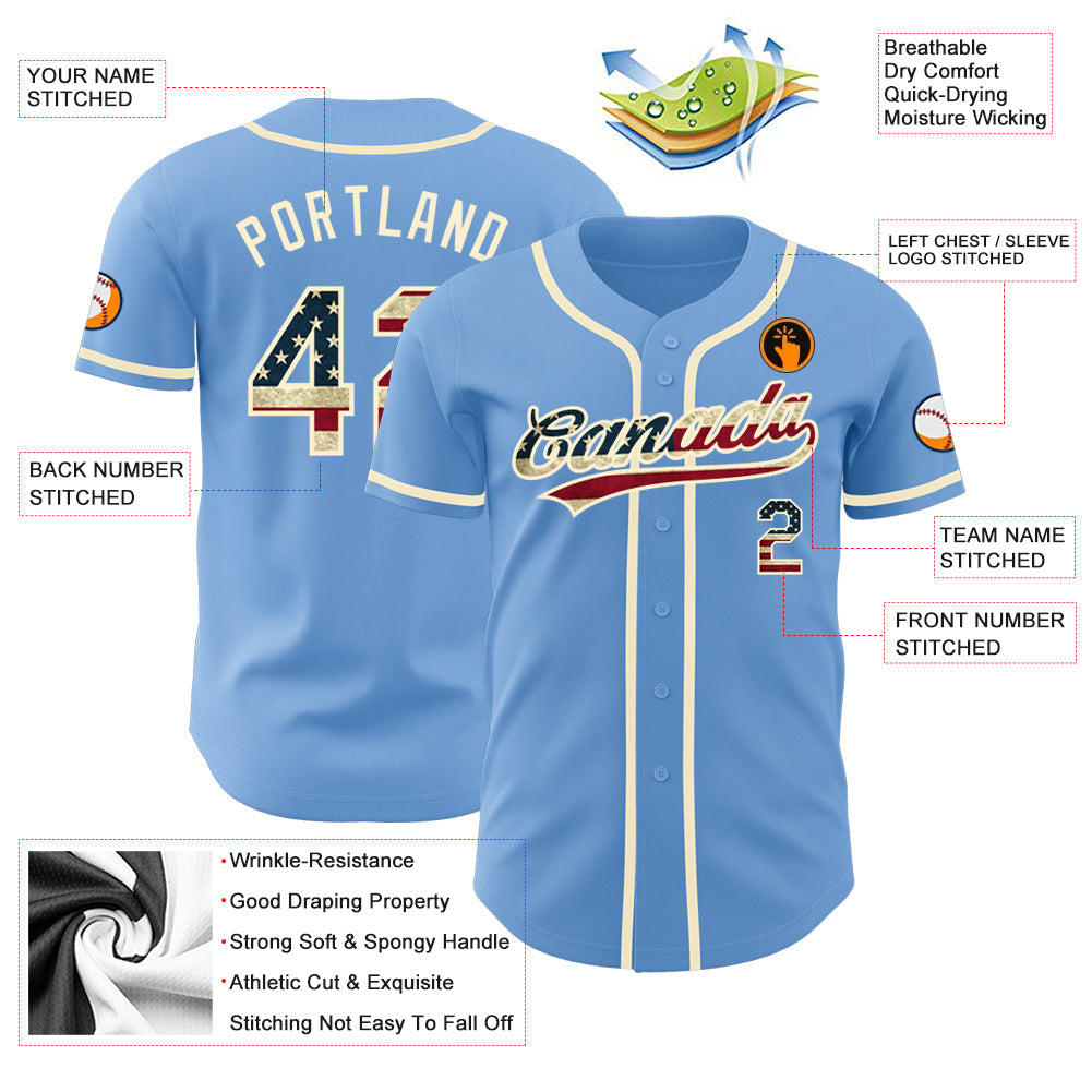 Custom Light Blue Vintage USA Flag-Cream Authentic Baseball Jersey view 3