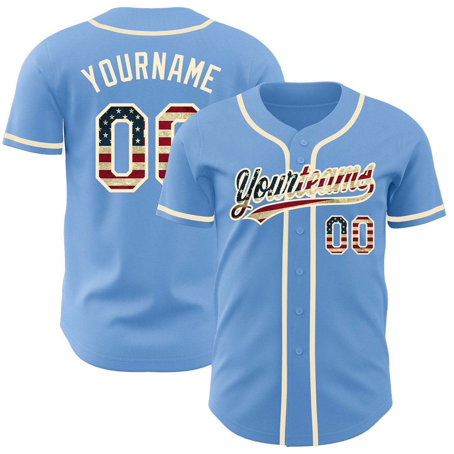 Custom Light Blue Vintage USA Flag-Cream Authentic Baseball Jersey - Main View