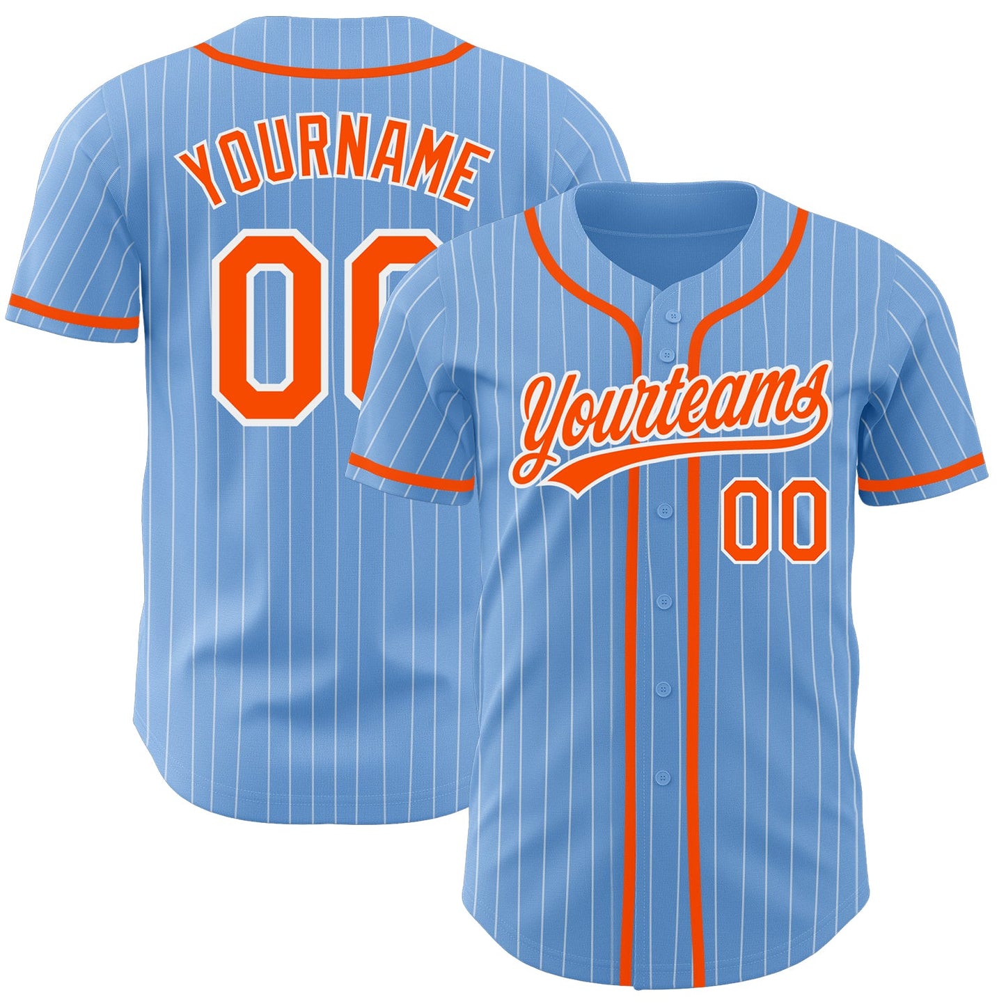Custom Light Blue White Pinstripe Orange Authentic Baseball Jersey - Main View