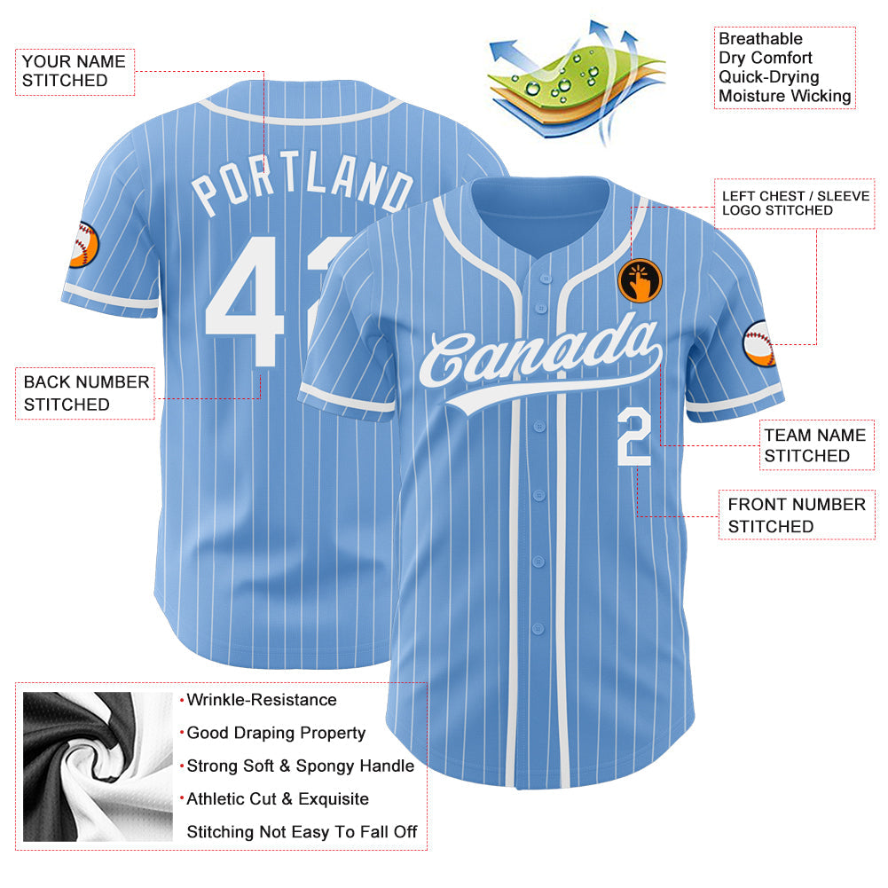 Custom Light Blue White Pinstripe White Authentic Baseball Jersey view 4