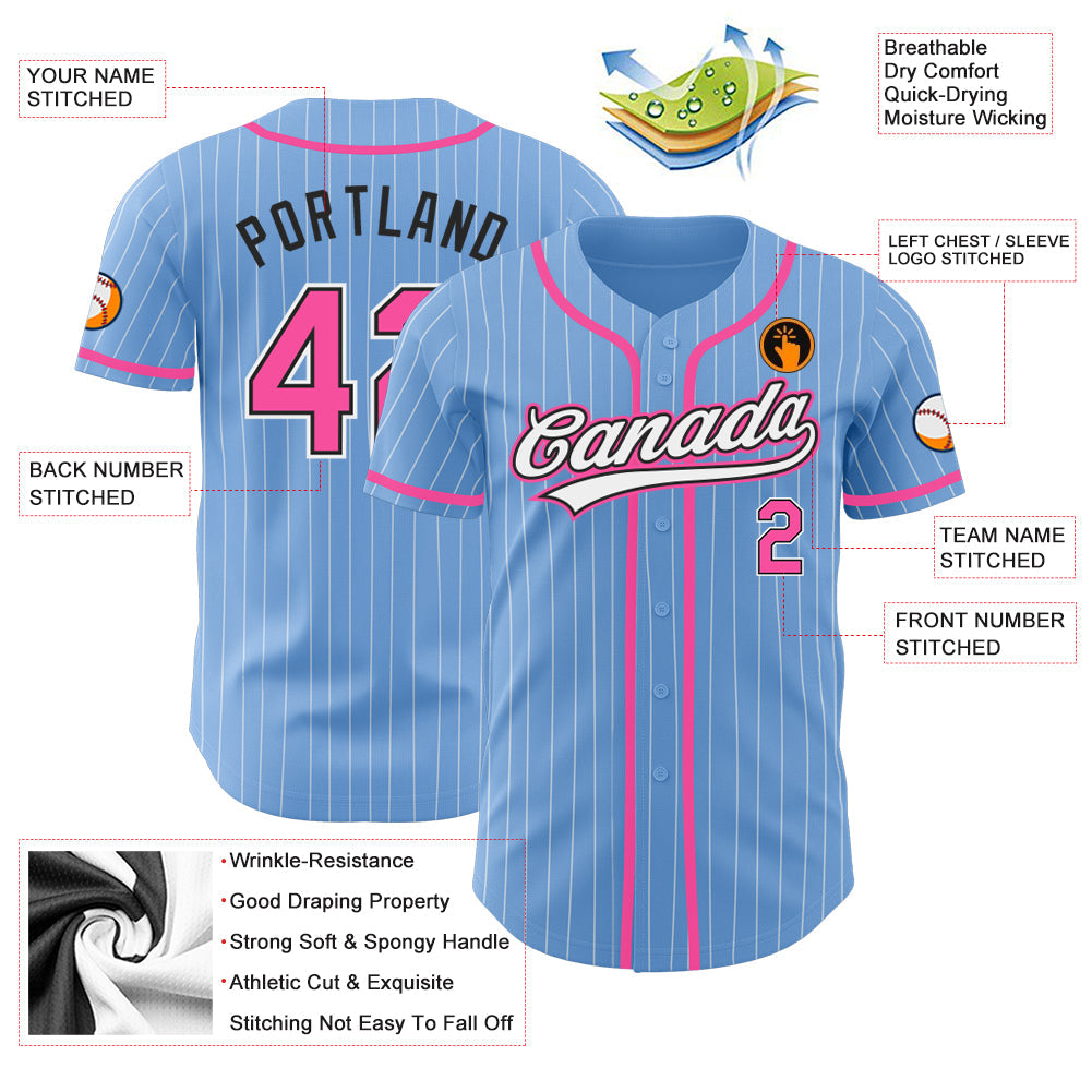 Custom Light Blue White Pinstripe Pink-Black Authentic Baseball Jersey view 3