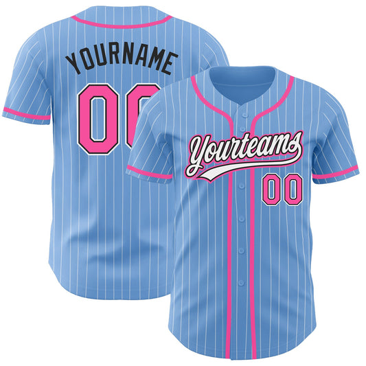 Custom Light Blue White Pinstripe Pink-Black Authentic Baseball Jersey - Main View