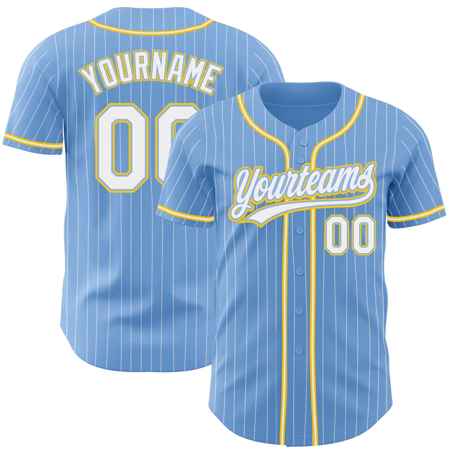 Custom Light Blue White Pinstripe White-Gold Authentic Baseball Jersey - Main View