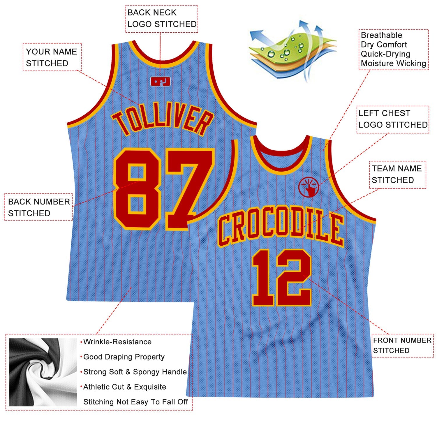 Custom Light Blue Red Pinstripe Red-Gold Authentic Basketball Jersey view 2