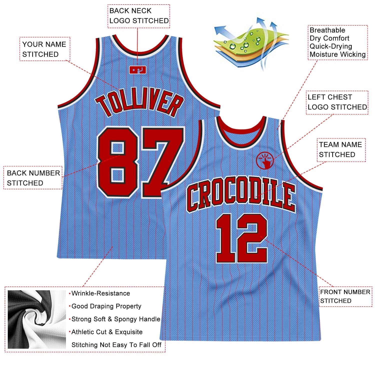 Custom Light Blue Red Pinstripe Red-Black Authentic Basketball Jersey view 2