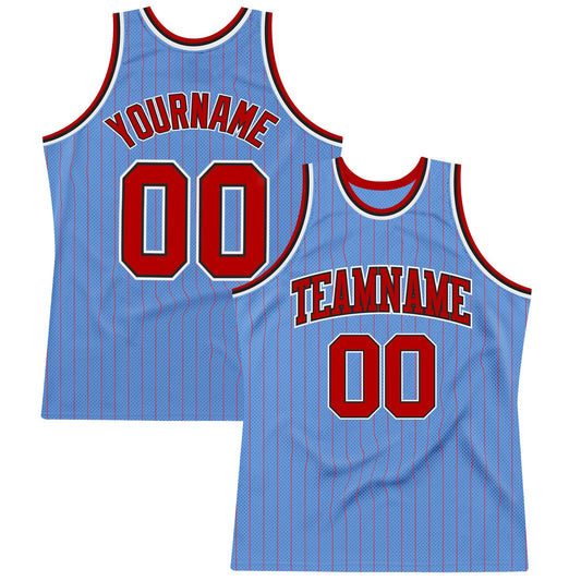 Custom Light Blue Red Pinstripe Red-Black Authentic Basketball Jersey - Main View