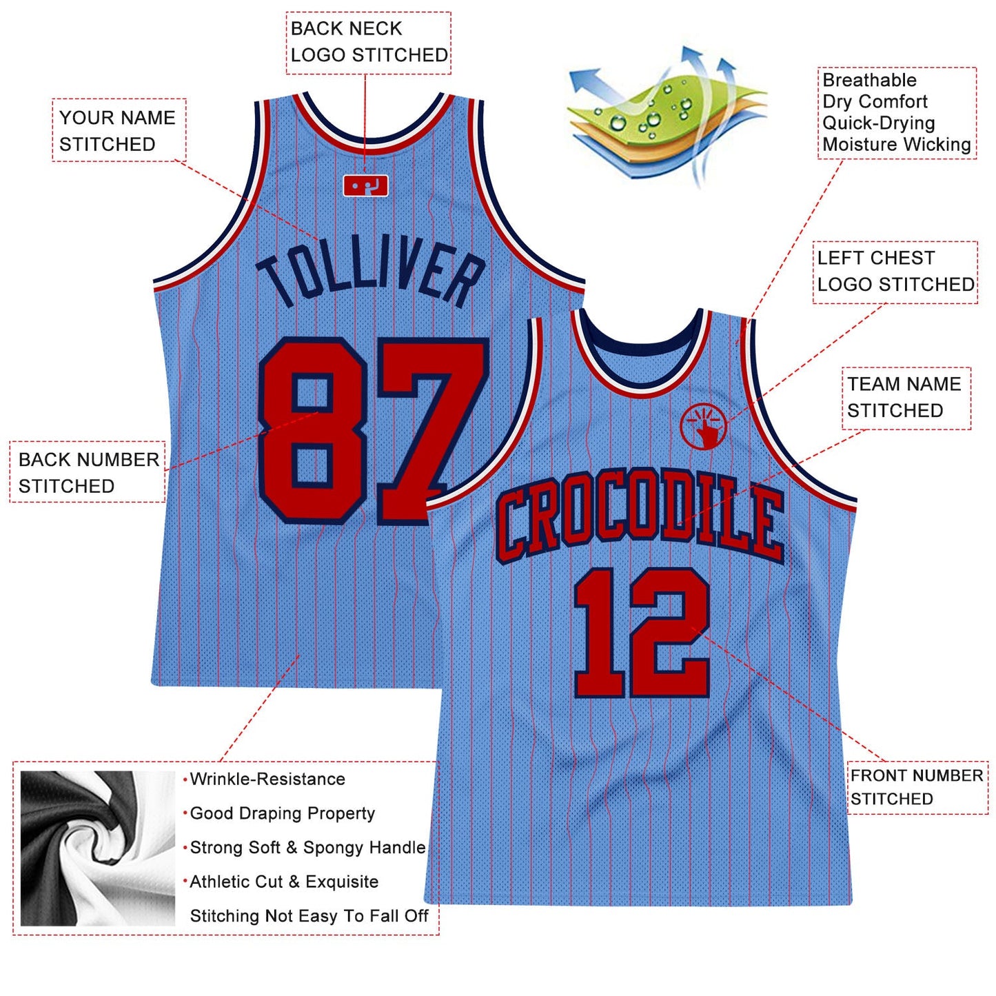 Custom Light Blue Red Pinstripe Red-Navy Authentic Basketball Jersey view 2