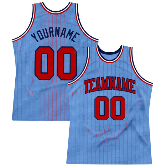 Custom Light Blue Red Pinstripe Red-Navy Authentic Basketball Jersey - Main View