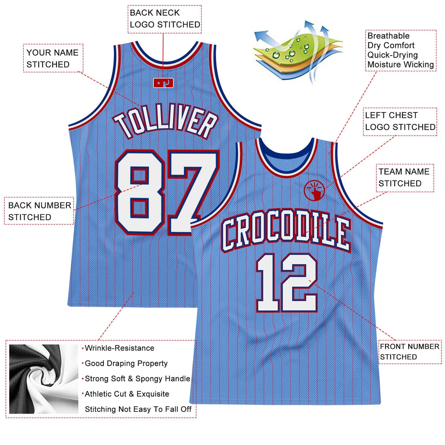 Custom Light Blue Red Pinstripe White-Royal Authentic Basketball Jersey view 2