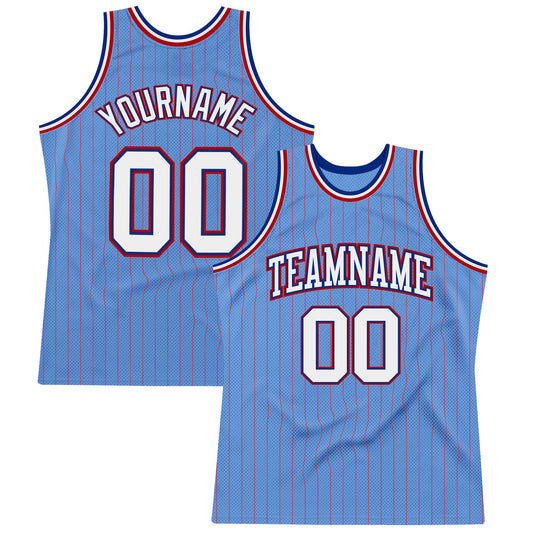 Custom Light Blue Red Pinstripe White-Royal Authentic Basketball Jersey - Main View