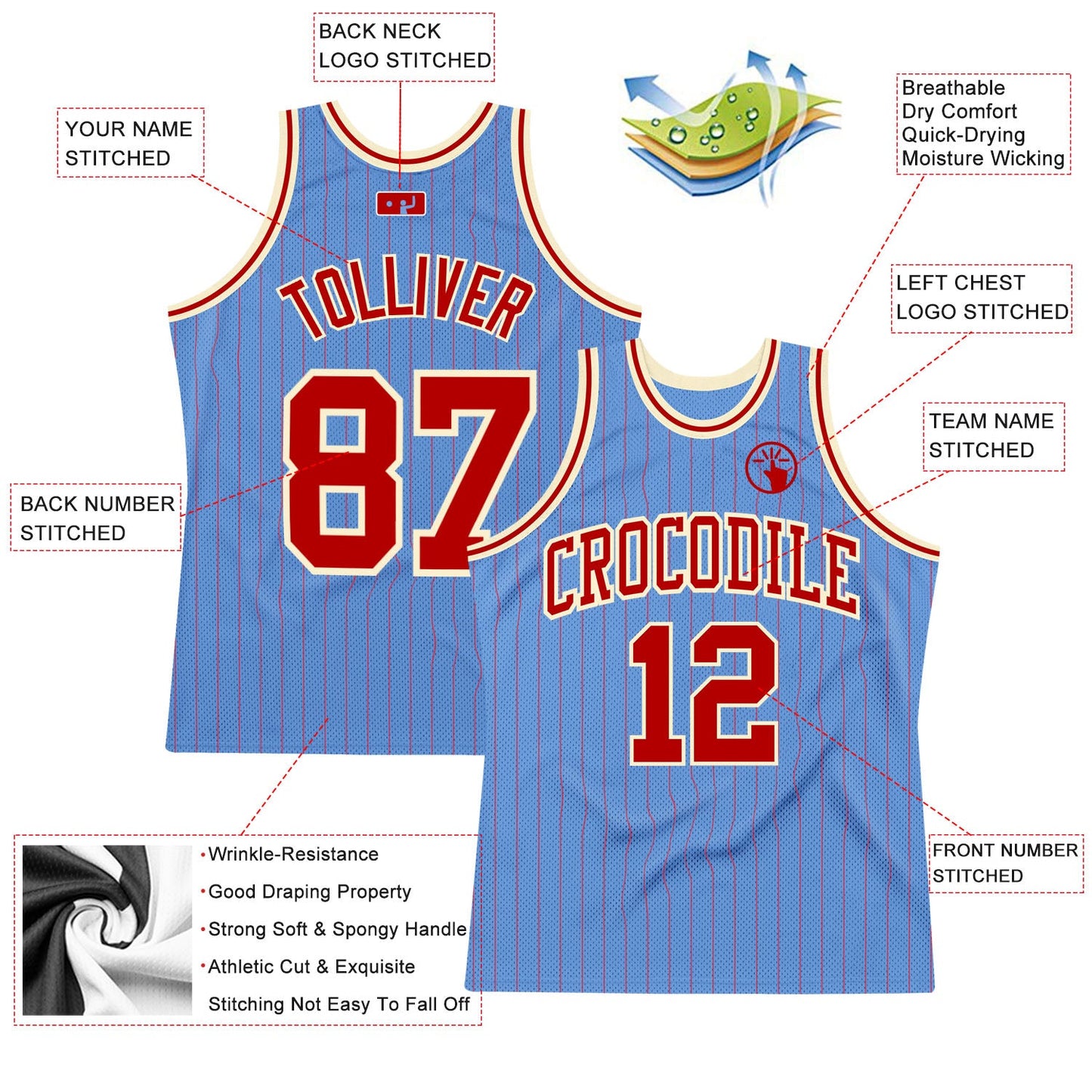 Custom Light Blue Red Pinstripe Red-Cream Authentic Basketball Jersey view 2