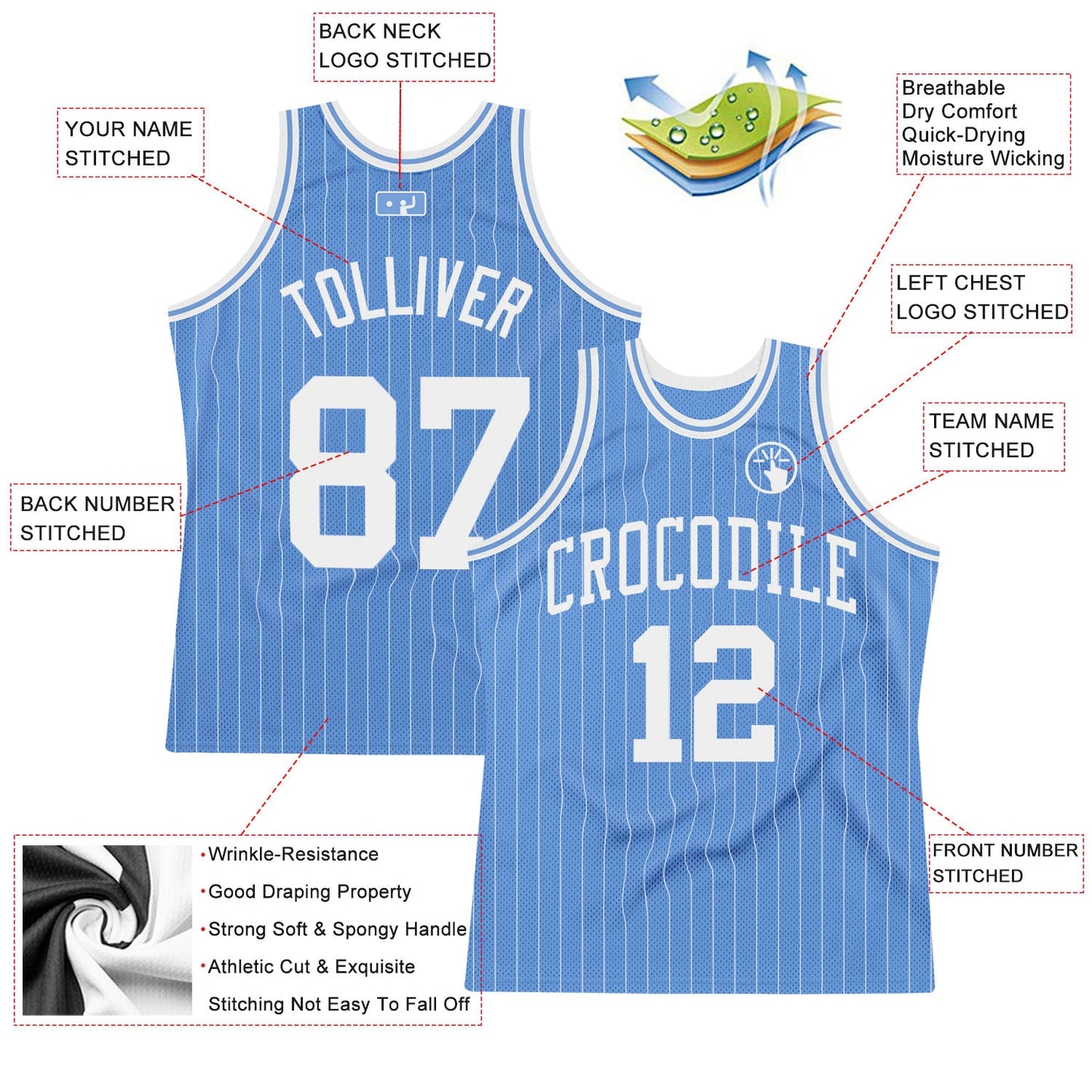 Custom Light Blue White Pinstripe White Authentic Basketball Jersey view 2