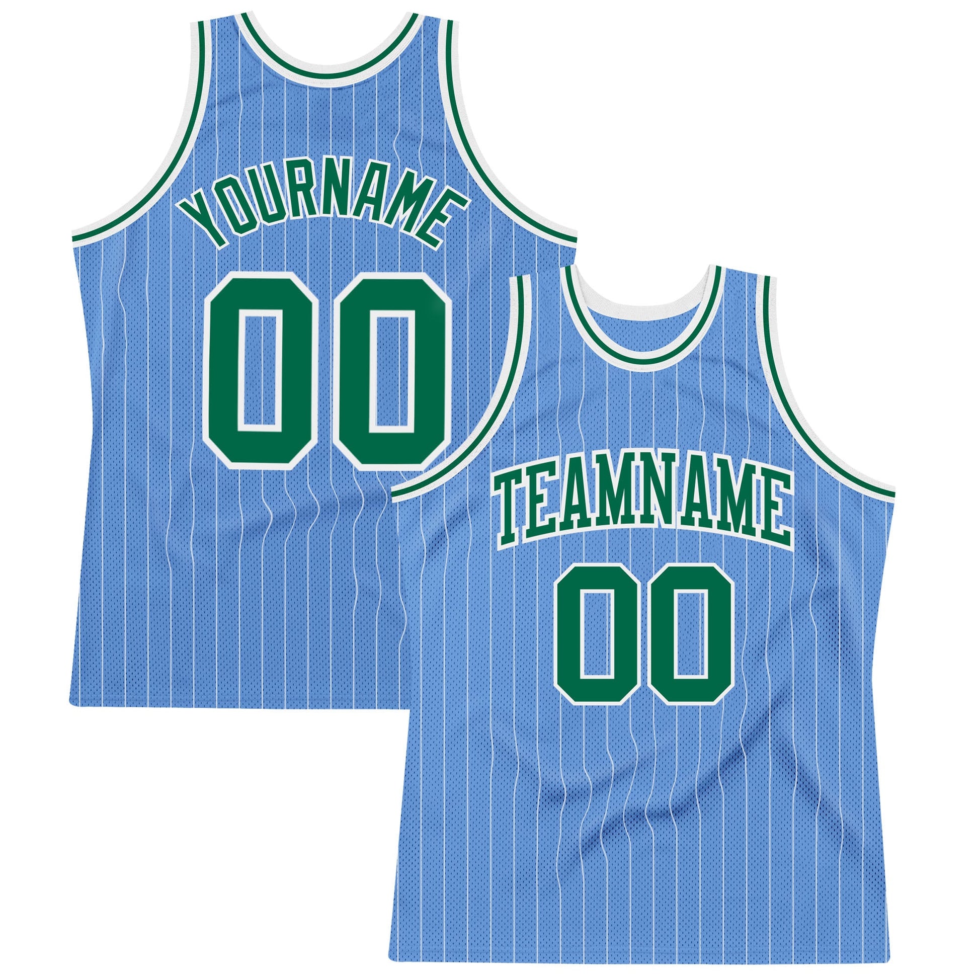Custom Light Blue White Pinstripe Kelly Green Authentic Basketball Jersey - Main View