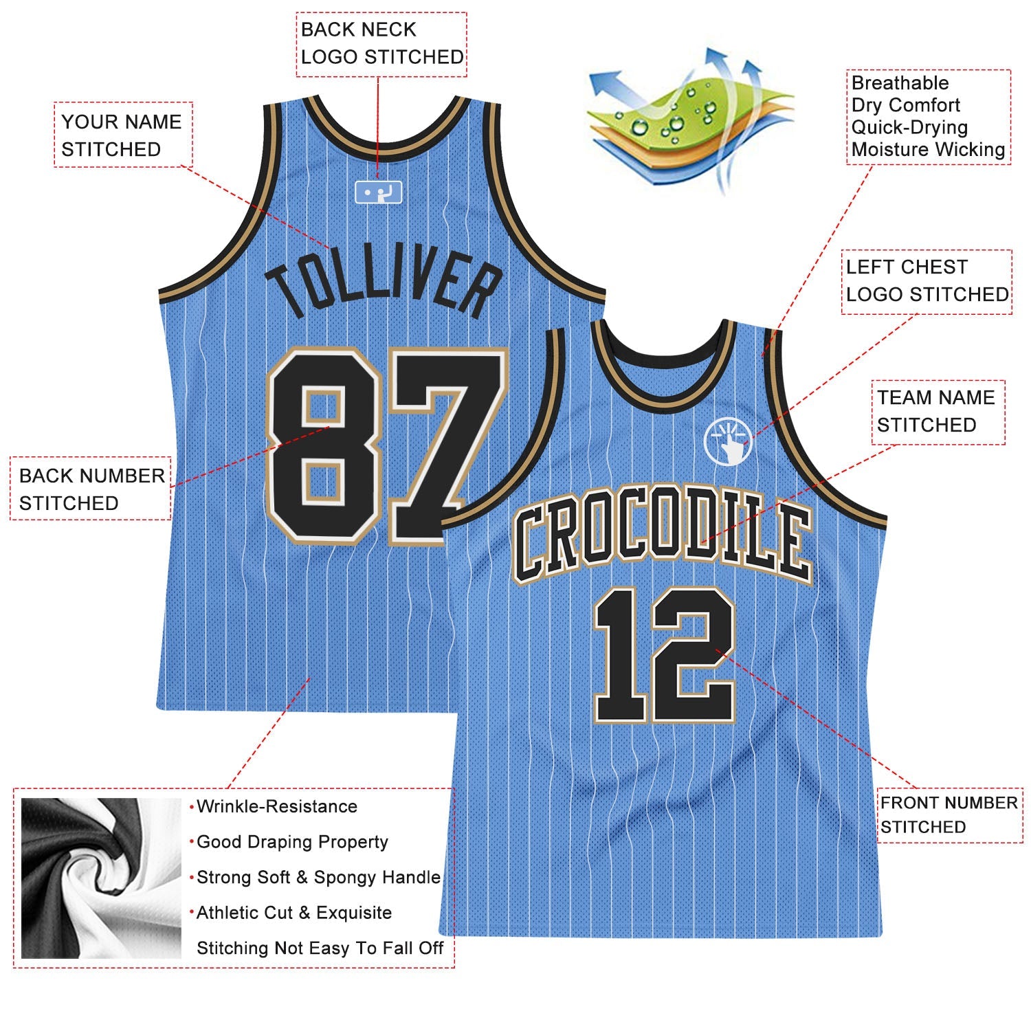 Custom Light Blue White Pinstripe Black-Old Gold Authentic Basketball Jersey view 2