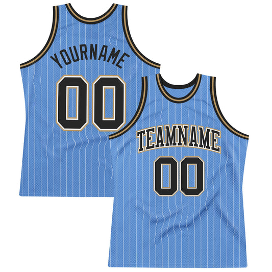 Custom Light Blue White Pinstripe Black-Old Gold Authentic Basketball Jersey - Main View