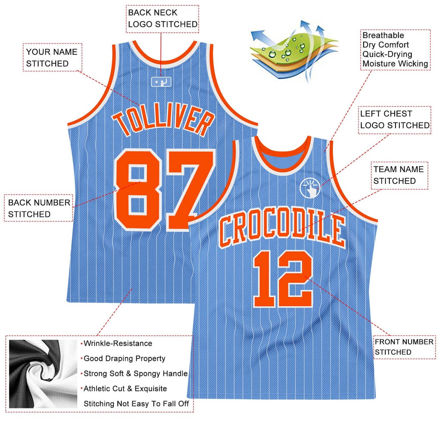 Custom Light Blue White Pinstripe Orange Authentic Basketball Jersey view 2