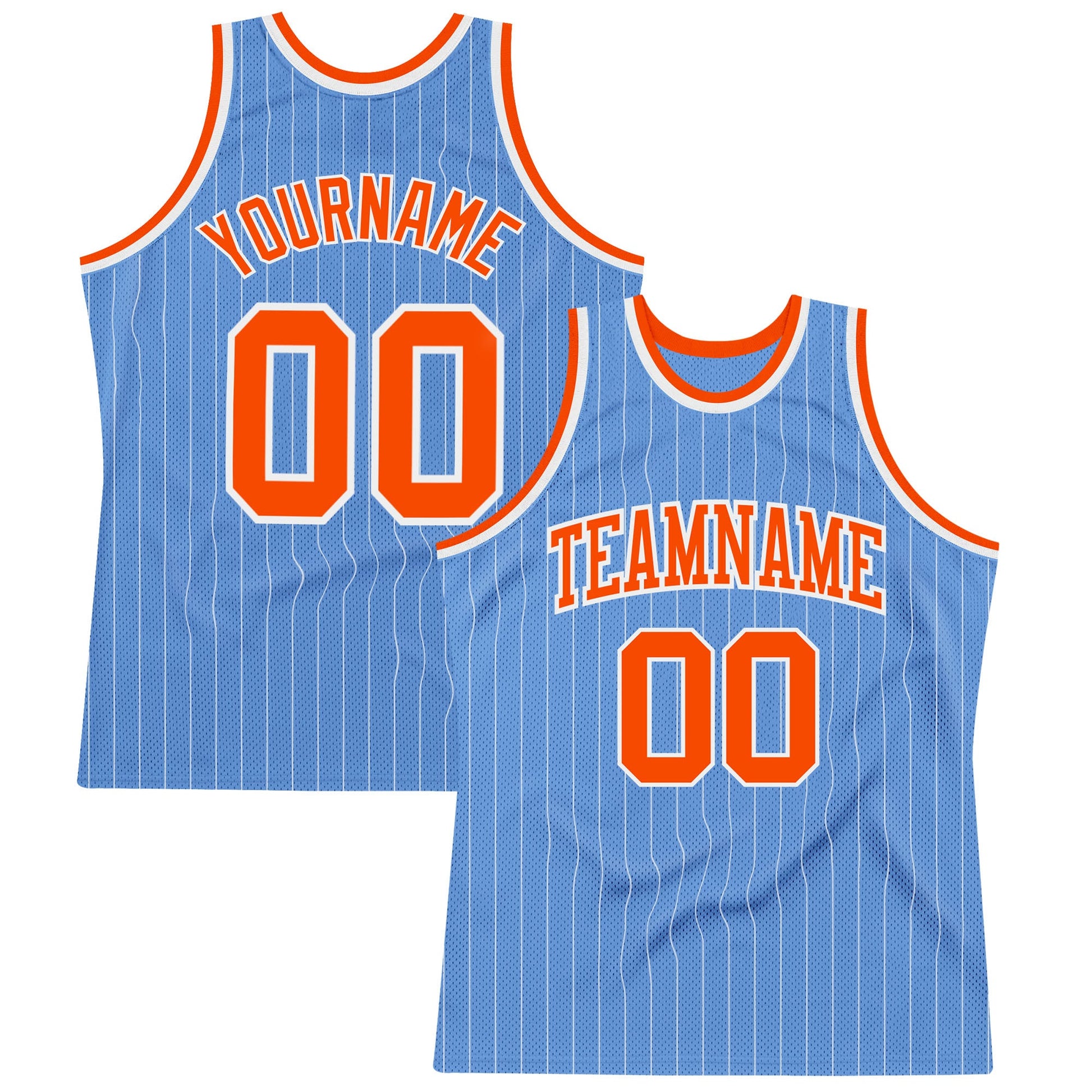 Custom Light Blue White Pinstripe Orange Authentic Basketball Jersey - Main View