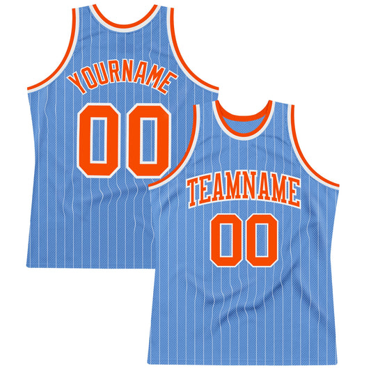 Custom Light Blue White Pinstripe Orange Authentic Basketball Jersey - Main View