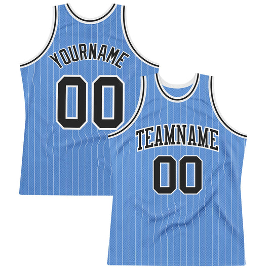 Custom Light Blue White Pinstripe Black Authentic Basketball Jersey - Main View