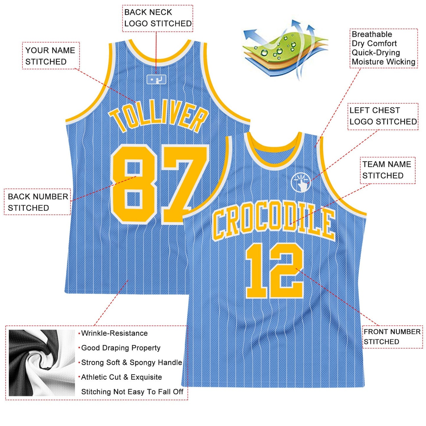 Custom Light Blue White Pinstripe Gold Authentic Basketball Jersey view 2