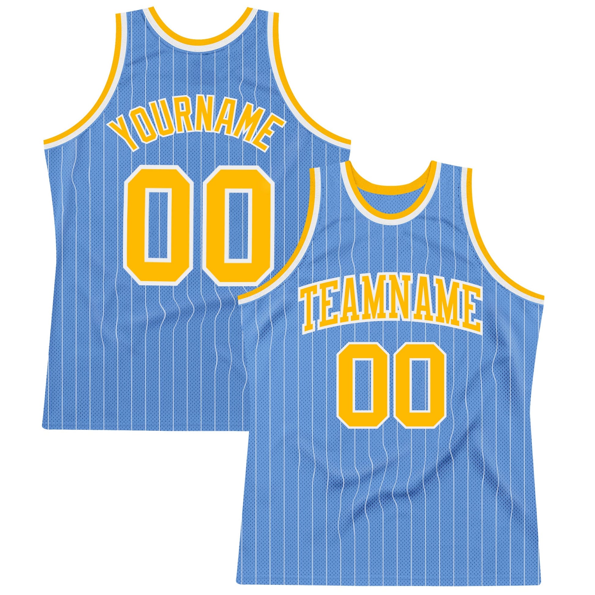 Custom Light Blue White Pinstripe Gold Authentic Basketball Jersey - Main View