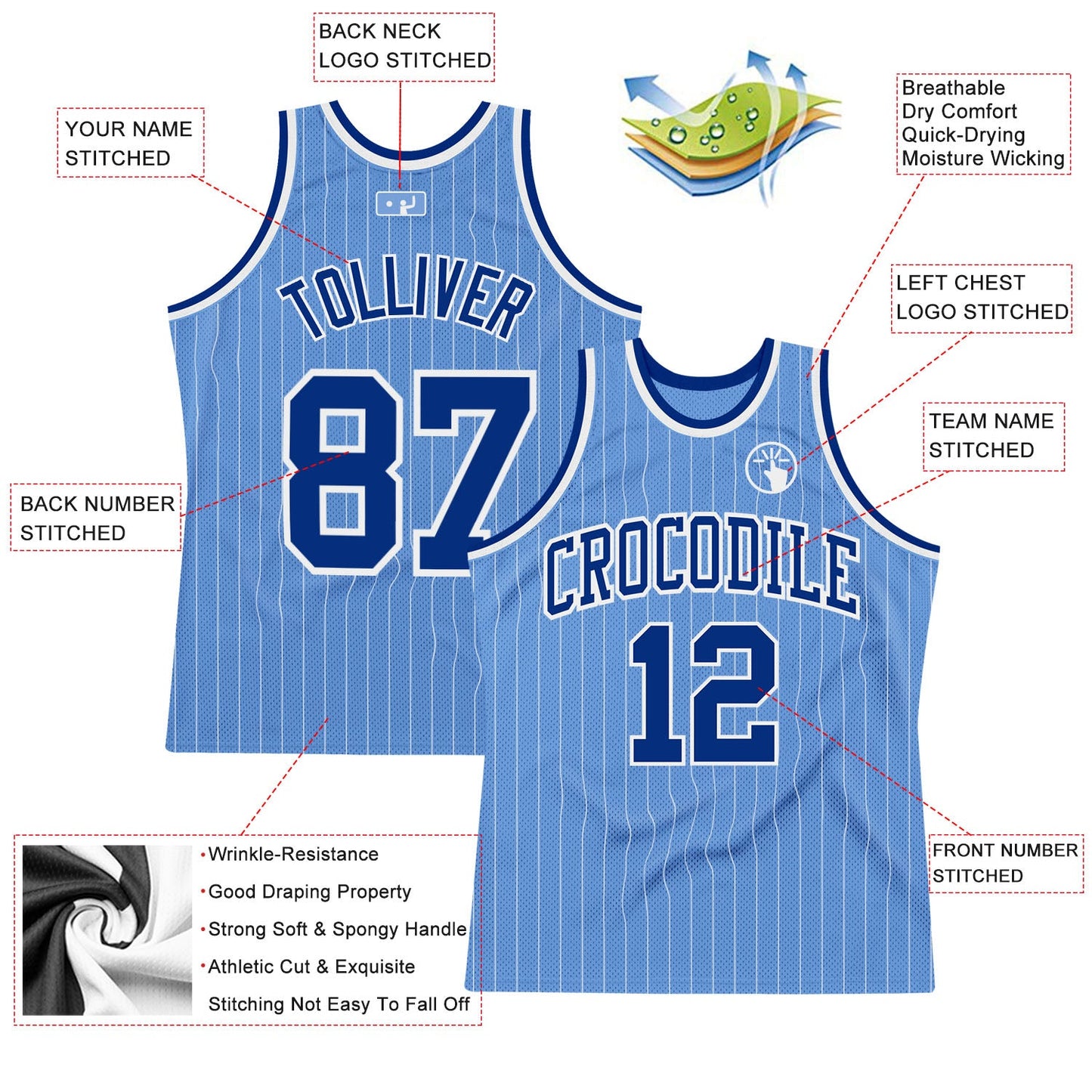 Custom Light Blue White Pinstripe Royal Authentic Basketball Jersey view 2