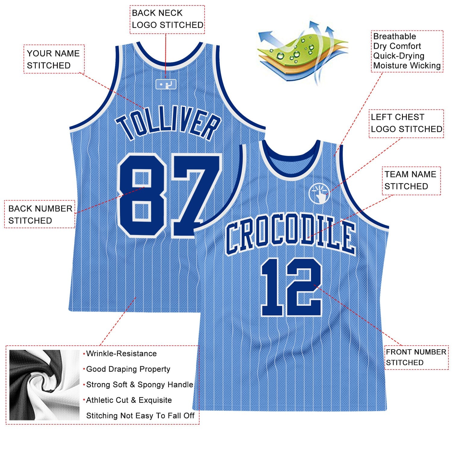 Custom Light Blue White Pinstripe Royal Authentic Basketball Jersey view 2