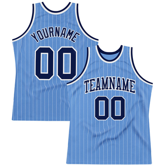 Custom Light Blue White Pinstripe Navy Authentic Basketball Jersey - Main View