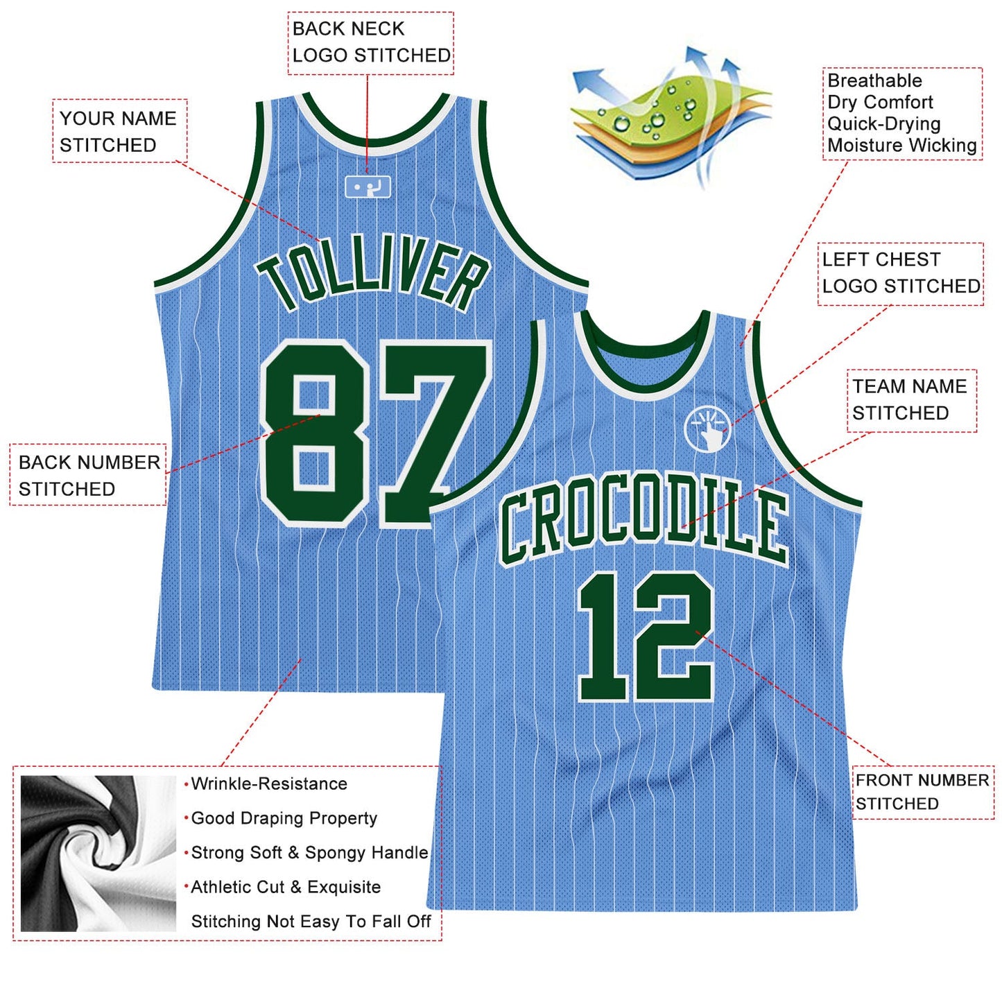 Custom Light Blue White Pinstripe Green Authentic Basketball Jersey view 2