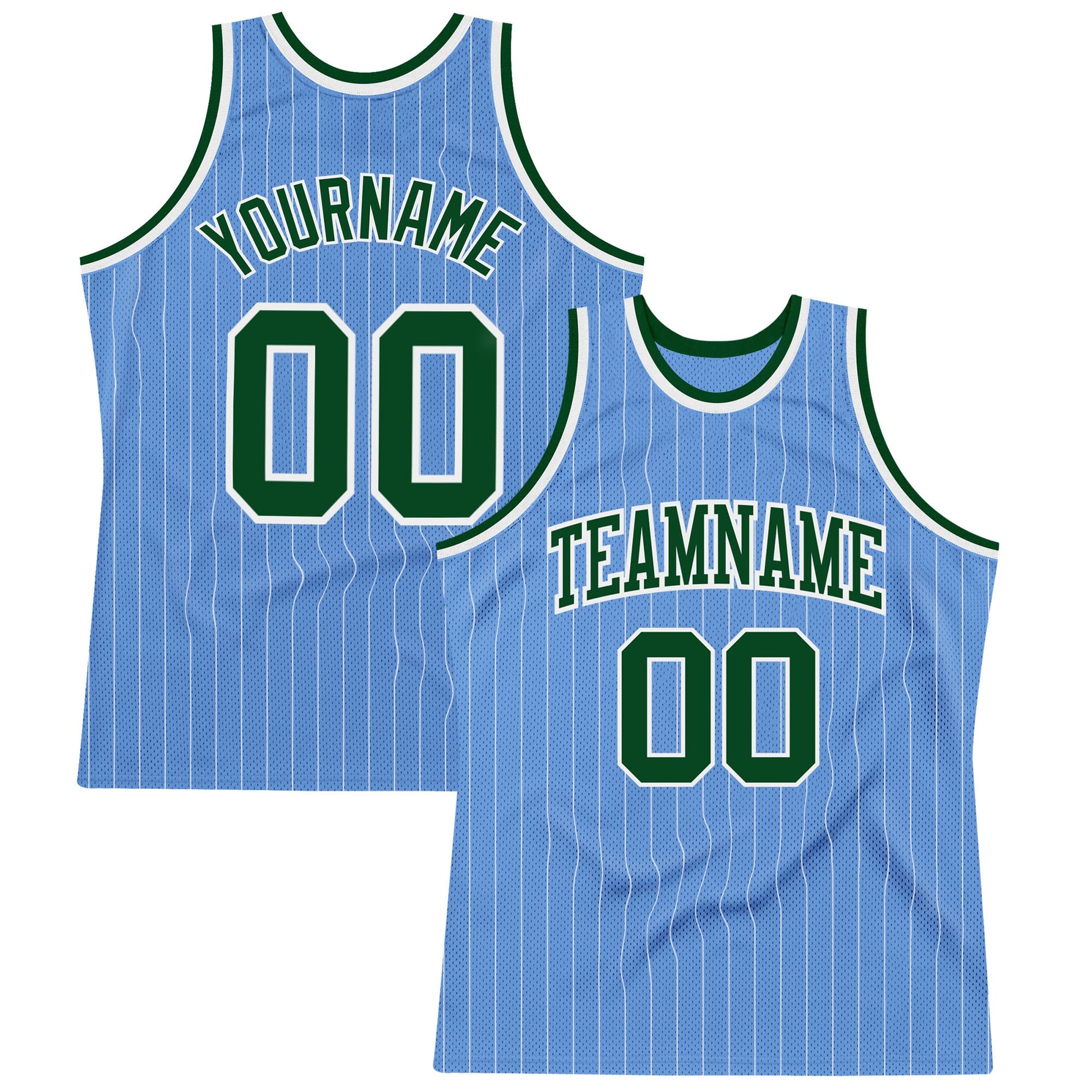 Custom Light Blue White Pinstripe Green Authentic Basketball Jersey - Main View