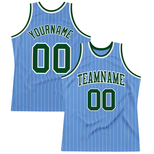 Custom Light Blue White Pinstripe Green Authentic Basketball Jersey - Main View