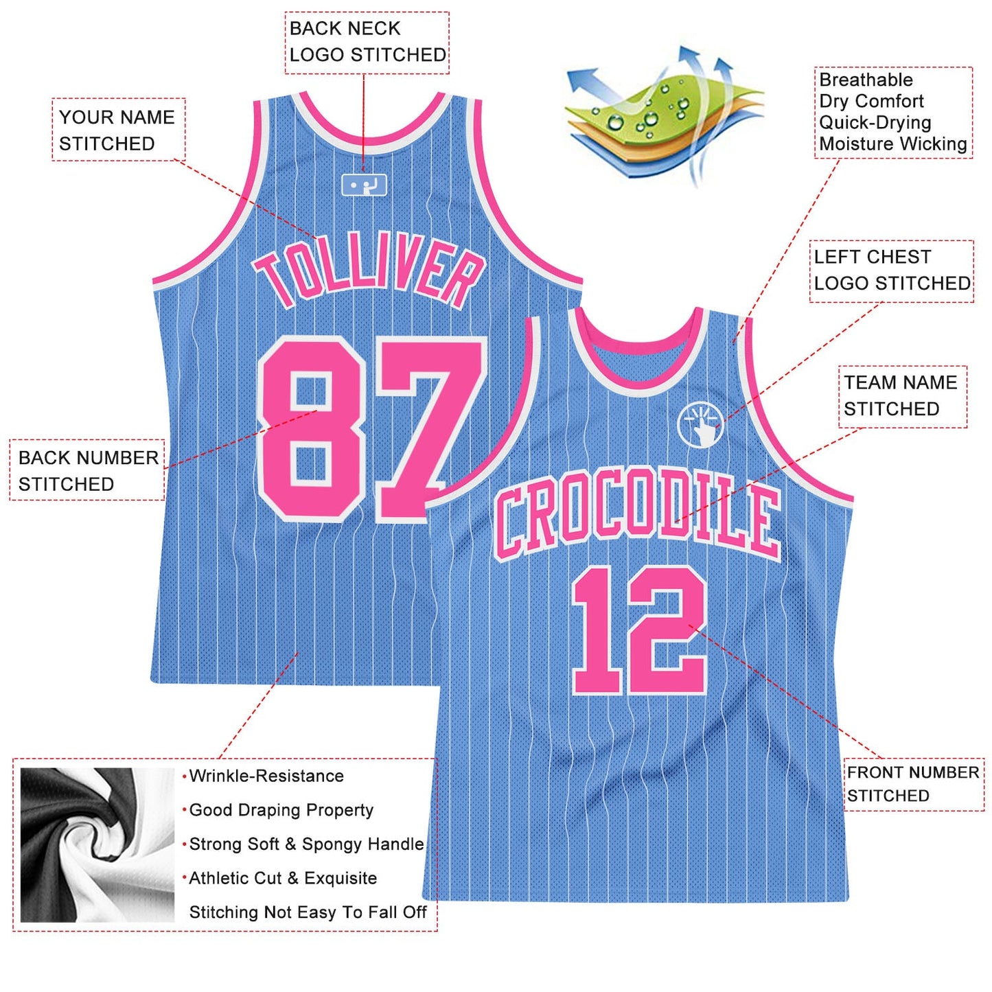 Custom Light Blue White Pinstripe Pink Authentic Basketball Jersey view 2