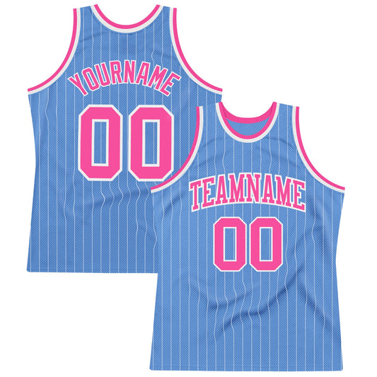Custom Light Blue White Pinstripe Pink Authentic Basketball Jersey - Main View