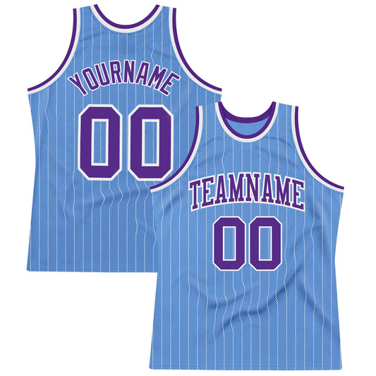 Custom Light Blue White Pinstripe Purple Authentic Basketball Jersey - Main View