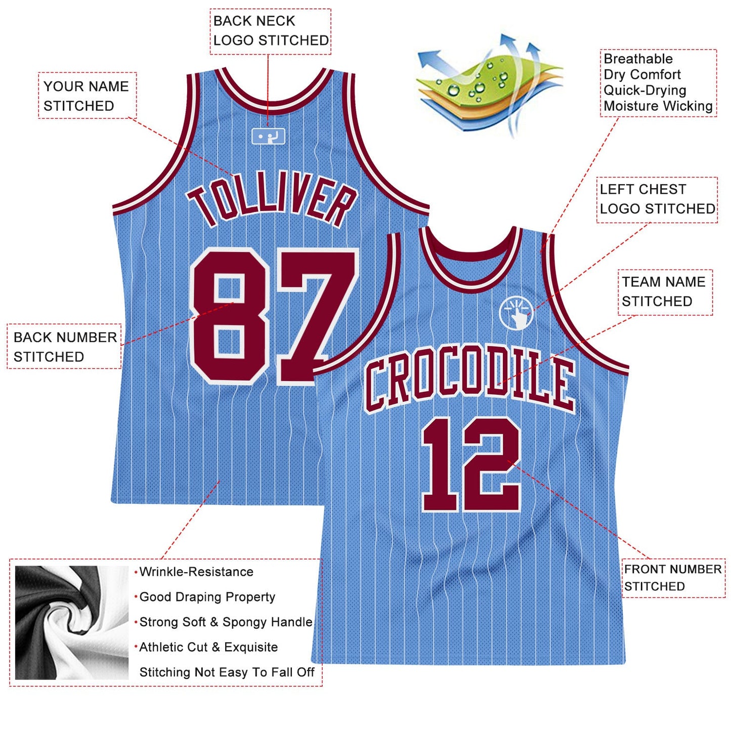 Custom Light Blue White Pinstripe Maroon Authentic Basketball Jersey view 2