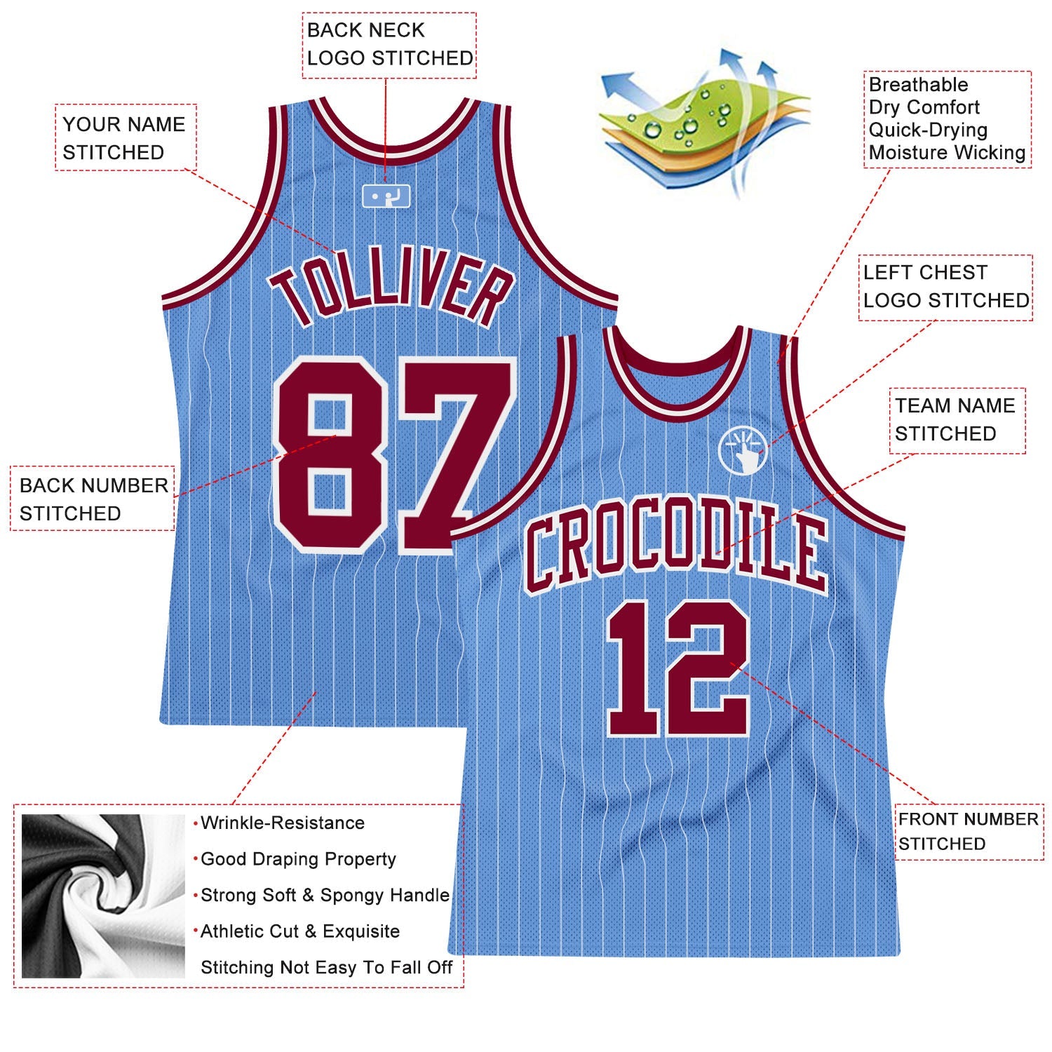 Custom Light Blue White Pinstripe Maroon Authentic Basketball Jersey view 2