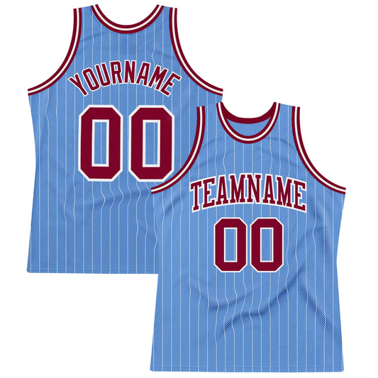 Custom Light Blue White Pinstripe Maroon Authentic Basketball Jersey - Main View