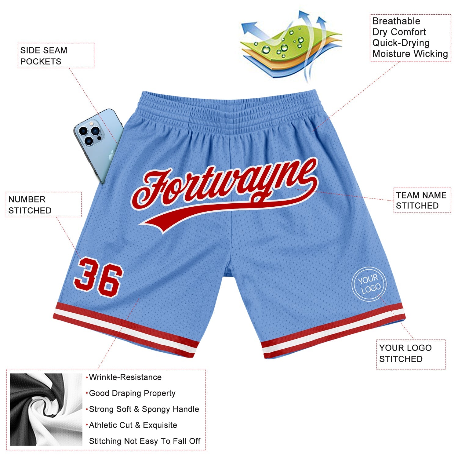 Custom Light Blue Red-White Authentic Throwback Basketball Shorts view 2