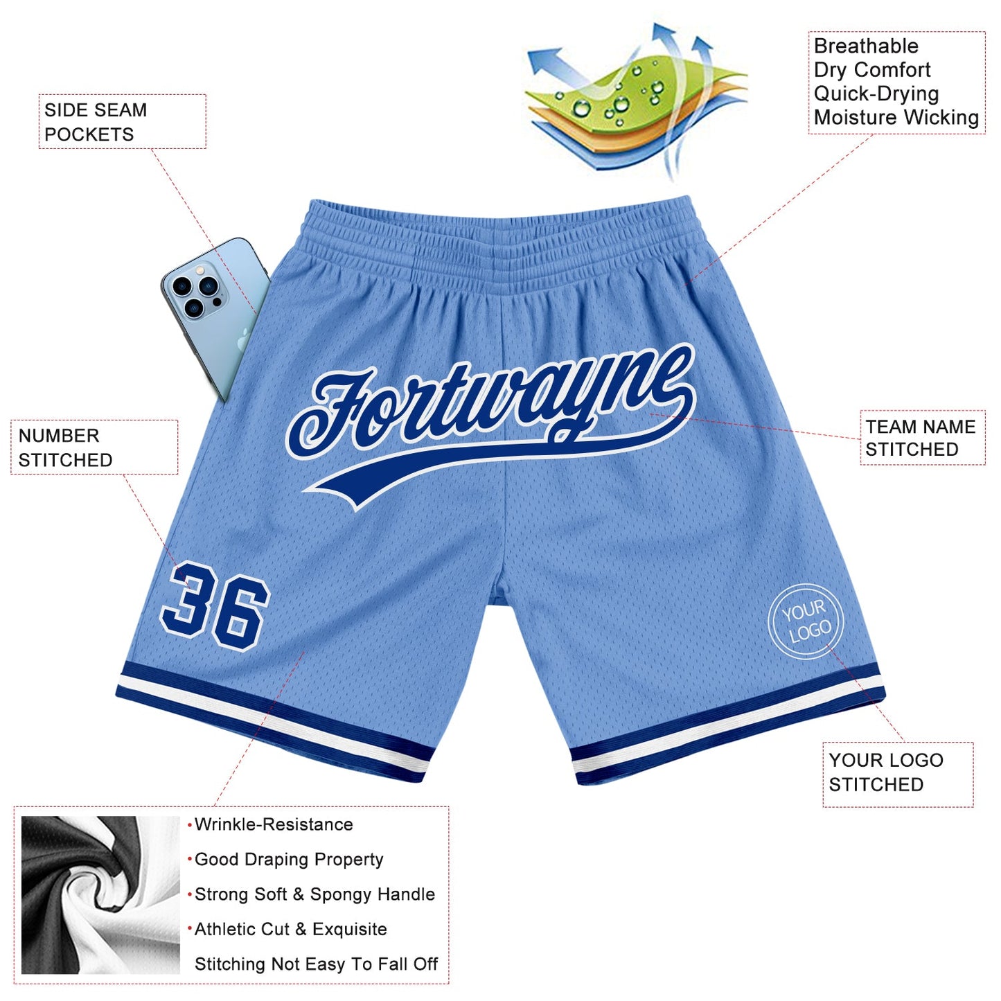 Custom Light Blue Royal-White Authentic Throwback Basketball Shorts view 2